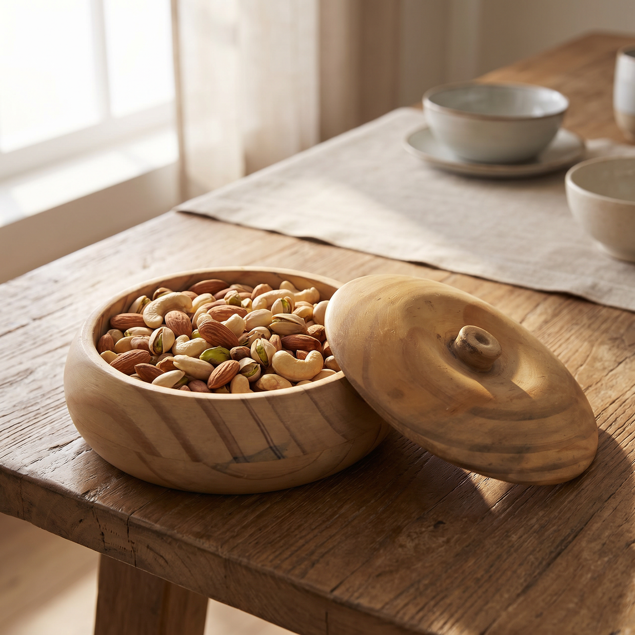 Rustic Wooden Storage Bowl with Lid