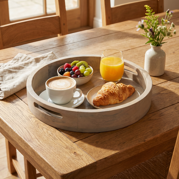 Round Wooden Serving Tray with Handles