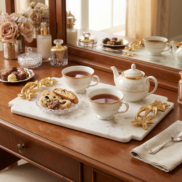 White Marble Serving Tray with Gold Handles