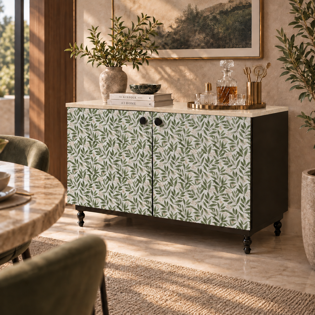 Verdura Bar Cabinet – Botanical Green & Marble Top
