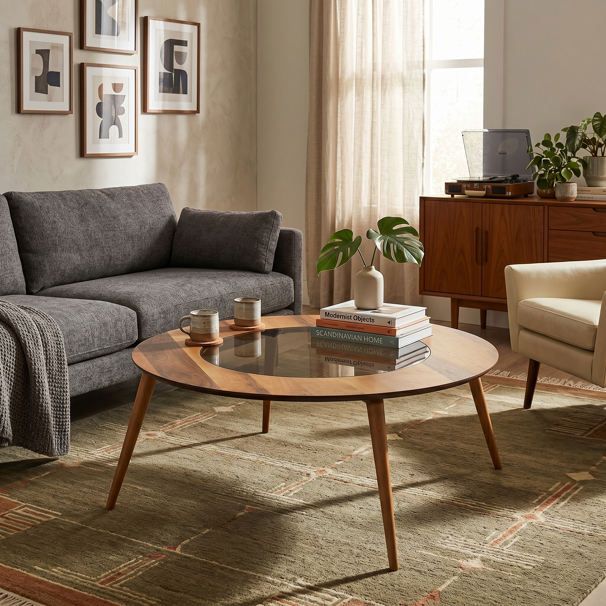 The Orbit Mid-Century Glass & Wood Coffee Table