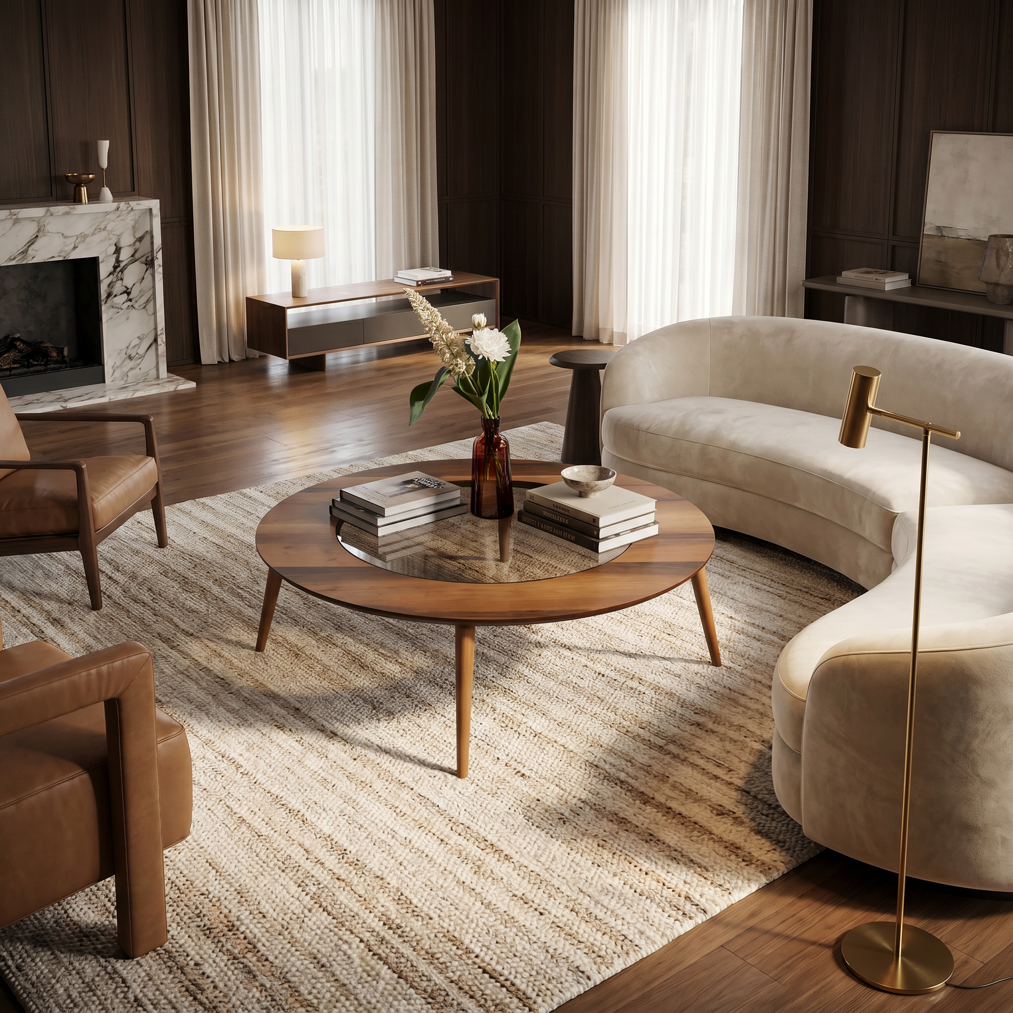 The Orbit Mid-Century Glass & Wood Coffee Table