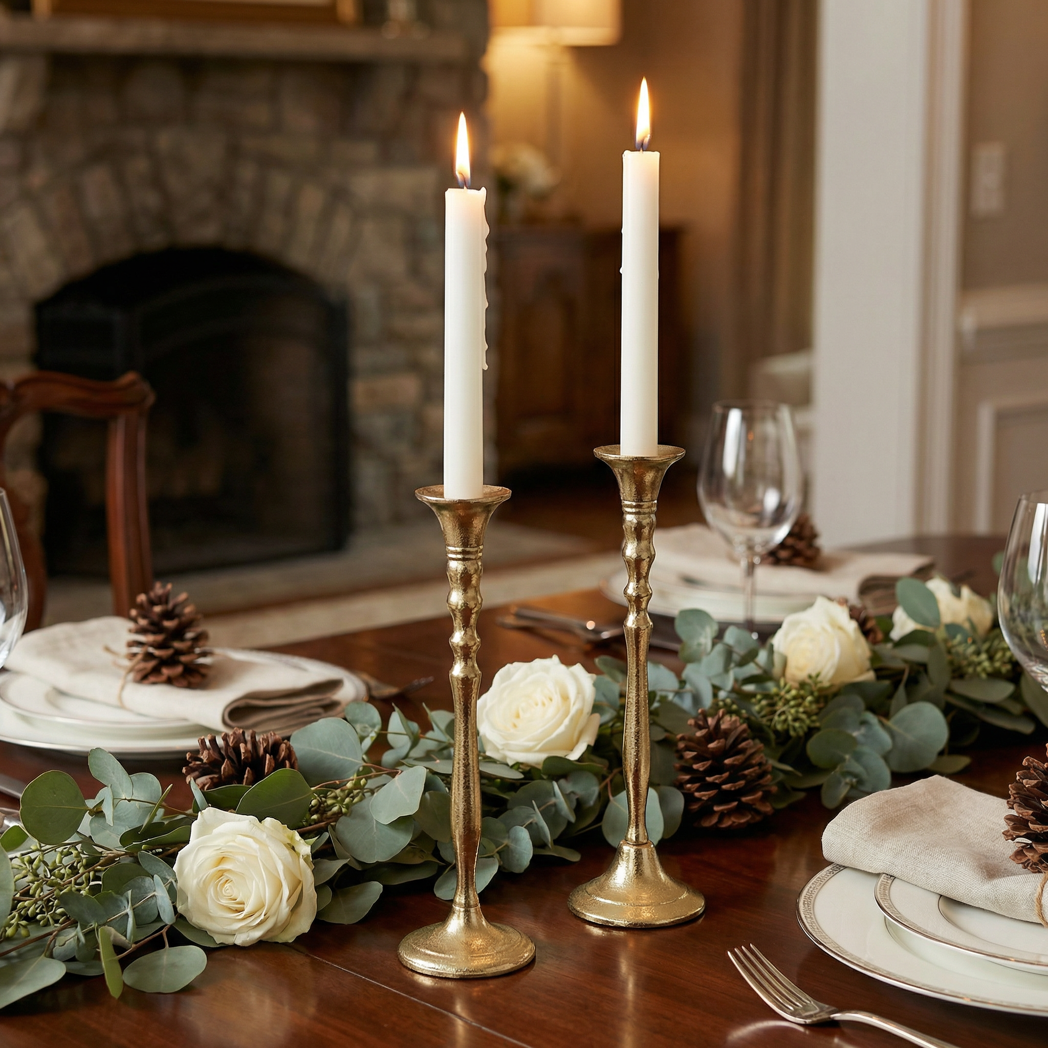 Classic Chalice Beaded Brass Candle Stand Set