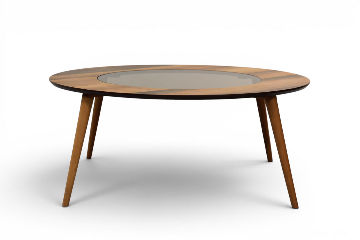 The Orbit Mid-Century Glass & Wood Coffee Table