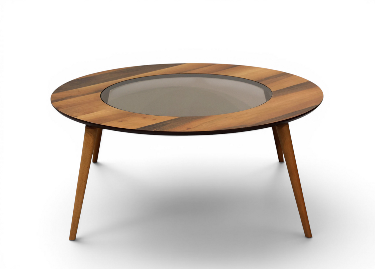 The Orbit Mid-Century Glass & Wood Coffee Table
