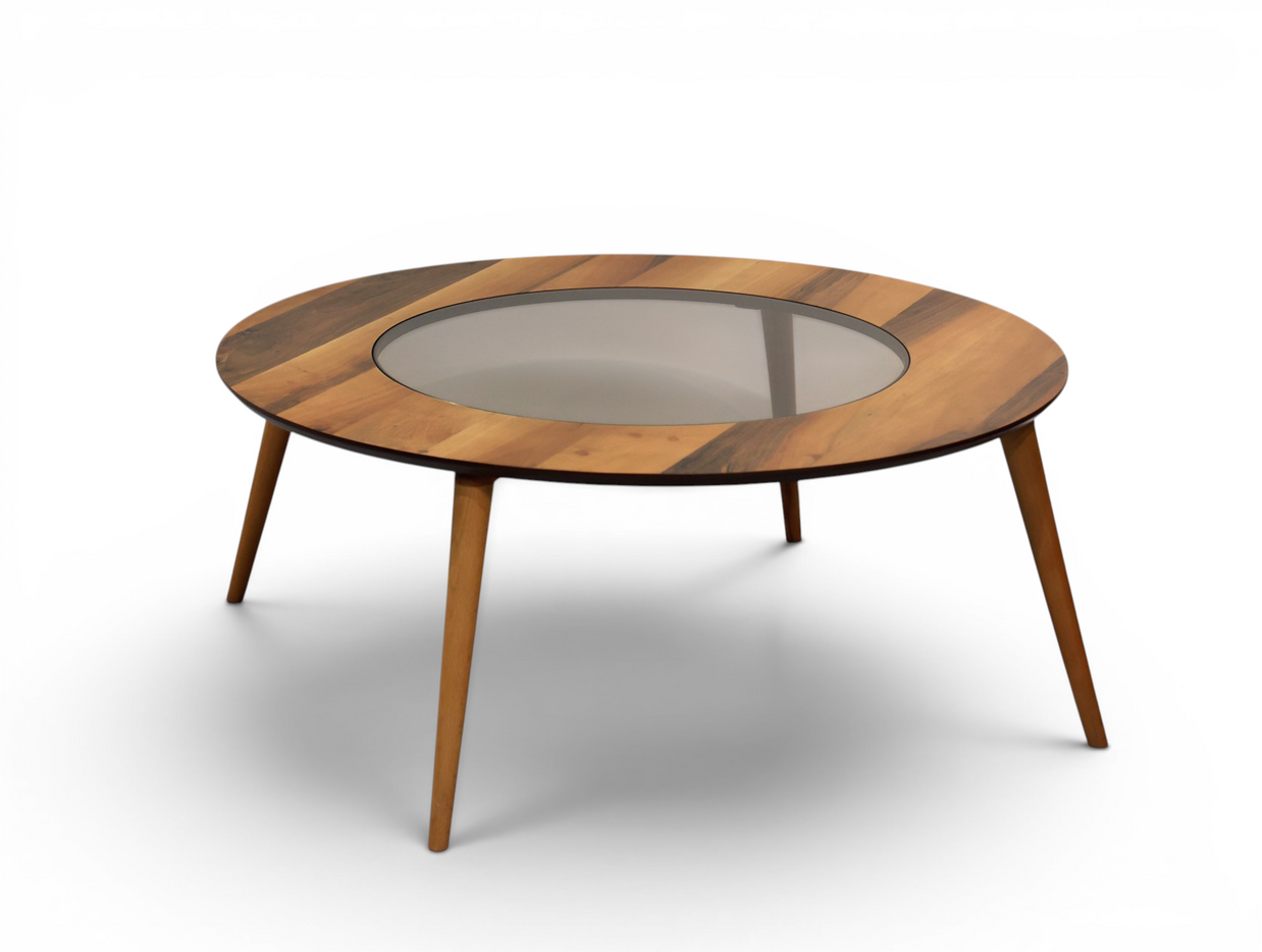 The Orbit Mid-Century Glass & Wood Coffee Table