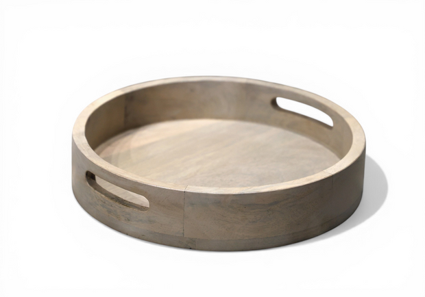 Round Wooden Serving Tray with Handles