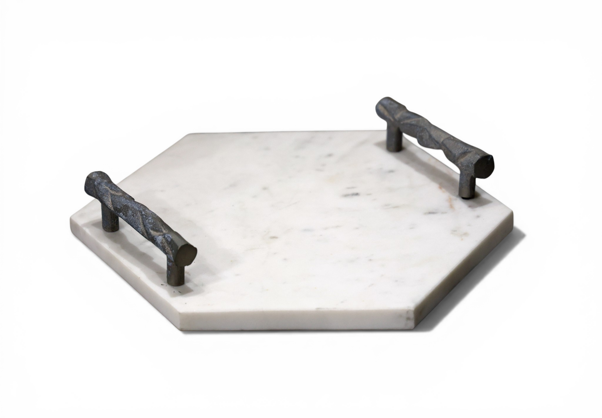Hexagon Marble Serving Tray with Metal Handles
