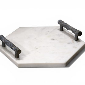 Hexagon Marble Serving Tray with Metal Handles