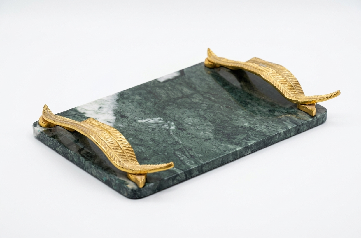 Green Marble Serving Tray with Gold Leaf Handles